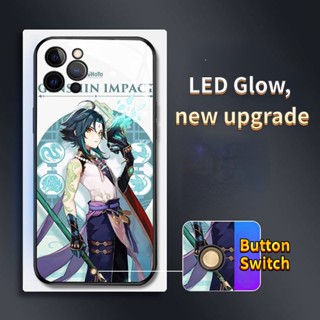 เคสโทรศัพท์มือถือแบบแก้ว มีปุ่มกดสวิตช์ ลายการ์ตูน MG มีไฟกระพริบ LED สําหรับ iPhone 14Promax 14Plus 13Promax 12ProMax 7plus 8plus XR XS X XSMAX 11ProMax 11pro