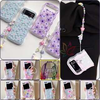 เคสโทรศัพท์มือถือ ซิลิโคนนิ่ม TPU ใส ลายดอกไม้ พร้อมสายคล้องมือ สําหรับ Samsung Galaxy Z Flip 5 Z Flip 4 Z Flip 3