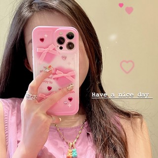 เคสโทรศัพท์มือถือ ซิลิโคน ประดับโบว์ เพชร สีชมพู สไตล์เกาหลี สําหรับ Apple Iphone 14 11 12 13 pro max 13ProMax 11 12ProMax 14Pro