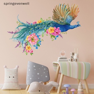 [springevenwell] สติกเกอร์ติดผนัง ลายนกยูง ดอกไม้ สีเขียว สไตล์จีน สําหรับตกแต่งบ้าน