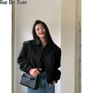 Ruo Bei Xuan ผู้หญิงใหม่ unisex เสื้อสูทซิปเสื้อหลวมสีดำวินเทจท็อปส์