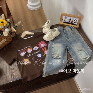 Korean childrens clothing 2023 Summer Internet celebrity suit girls fashionable cartoon short-sleeved T-shirt with holes denim pants trendy DTMR