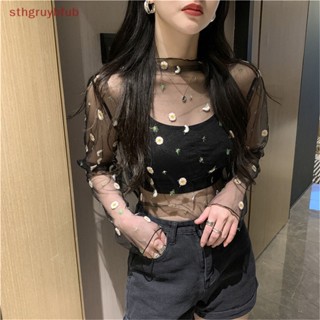 Sthb เสื้อยืดซีทรู แขนยาว คอเต่า ผ้าตาข่ายโปร่งใส สําหรับผู้หญิง TH
