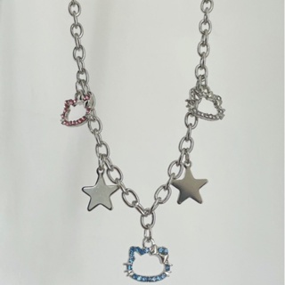 Millennium Spice Girls Y2 Cat Head Star Necklace Girls New Cute Vintage Japanese and Korean Style Ins Cat Five-pointed Star Sweet Cool Collarbone Chain for Women