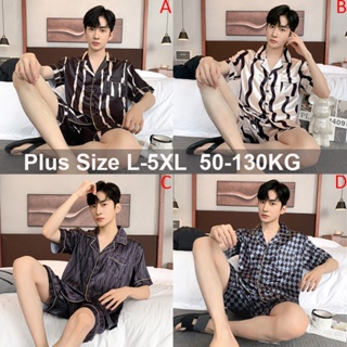 ชุดนอนแขนสั้น ผ้าไหมซาติน ทรงหลวม สไตล์เกาหลี พลัสไซซ์ L-5XL สําหรับผู้ชาย