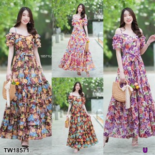 ส่งไว พร้อมส่ง Maxi dress เปิดไหล่ แขนระบายชั้นลายดอกไม้ เ เสื้อผ้าผู้หญิง เดรสสั้น เดรสยาว ชุดไปทะเล ชุดเซ็ท เกาหลี