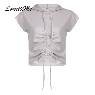 Sweeticme ใหม่ เสื้อครอปลําลอง มีฮู้ด เข้ารูป สีพื้น แฟชั่นสําหรับสตรี 2023