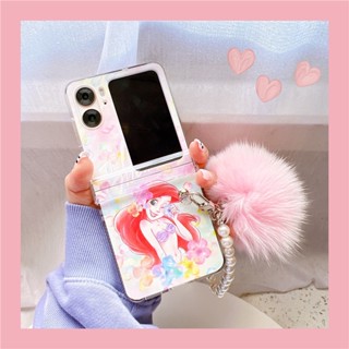 3in1 เคสโทรศัพท์มือถือ PC แข็ง แบบใส กันกระแทก ลายการ์ตูนนางเงือก ดอกไม้ พร้อมสายคล้องข้อมือ สําหรับ Oppo Find N2