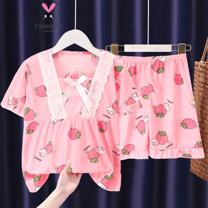 【YAOEENH】95-170 ซม. เด็กผู้หญิง เครื่องปรับอากาศ ชุดบ้าน ขนาดใหญ่ปานกลาง ระบายอากาศ แขนสั้น สไตล์เจ้าหญิง ชุดนอน พร้อมส่ง ส่งเร็ว