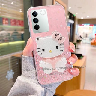 เคสโทรศัพท์มือถือแบบนิ่ม TPU ลายเฮลโลคิตตี พร้อมกระจกแต่งหน้า สําหรับ VIVO V27 Pro V27e Y02A Y55+ V25e V25 Pro 5G เคส Phone Case