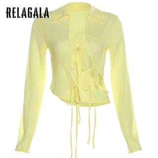 Relagala ใหม่ เสื้อยืดโปโลลําลอง แขนยาว คอปก แต่งรูกลวง สีพื้น เซ็กซี่ แฟชั่นสําหรับสตรี 2023