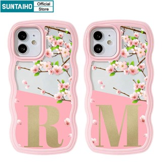 SUNTAIHO เคสโทรศัพท์มือถือแบบนิ่ม กันกระแทก ลายตัวอักษร M N R S T Curly Wave สีชมพูพีช สําหรับ IPhone 11 Pro Max 14 Pro Max 12 13 Pro XR XS Max 7 Plus 8 Plus