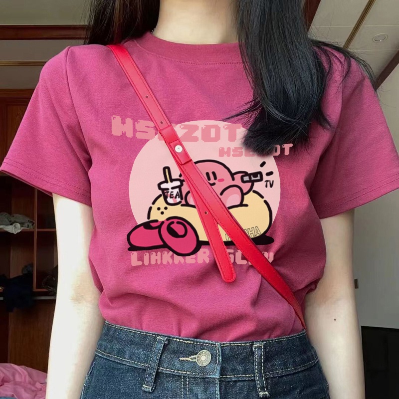 6015#เสื้อยืดแขนสั้น เปิดไหล่ ผ้าฝ้ายแท้ ทรงสลิมฟิต สีแดงกุหลาบ แฟชั่นฤดูร้อน สําหรับผู้หญิง 2025