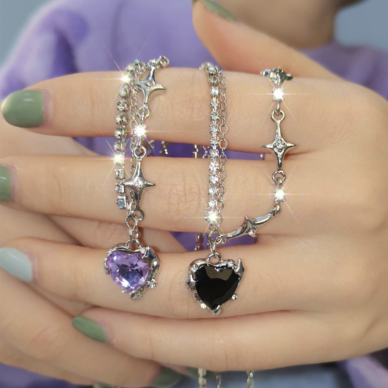 ใหม่ สร้อยคอโซ่ จี้คริสตัล พลอยเทียม รูปหัวใจ Y2K สีม่วง สีดํา เรียบง่าย สไตล์พังก์ สําหรับผู้หญิง - รูปที่ 3