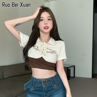 RUO BEI XUAN เสื้อยืดสตรีสไตล์เกาหลีฤดูร้อนใหม่ไม่ซ้ำใครมีเชือกรูดด้านบนสั้น