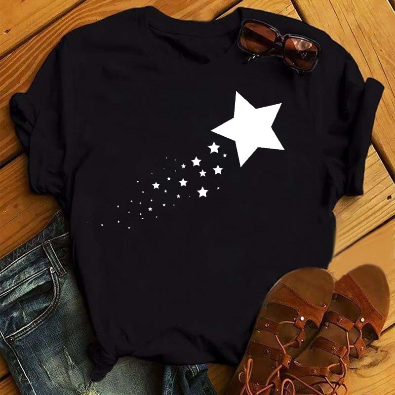 เสื้อยืดคอกลม แขนสั้น พิมพ์ลายดวงจันทร์ ดาว สไตล์ฮาราจูกุ แฟชั่นฤดูร้อน สําหรับผู้หญิง 2023