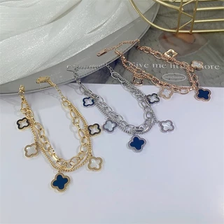 ใหม่ สร้อยข้อมือ สเตนเลส สองชั้น ลายใบโคลเวอร์สี่แฉก สีดํา สีขาว สไตล์คลาสสิก แฟชั่นสําหรับผู้หญิง
