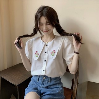 Suxi เสื้อเชิ้ต แขนพอง ปักลายดอกไม้ ทรงหลวม แฟชั่นฤดูร้อน สําหรับผู้หญิง