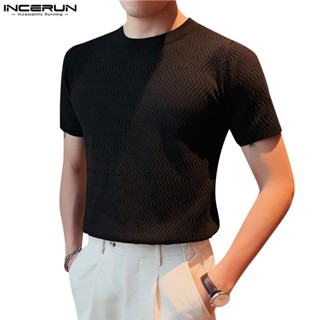 Incerun เสื้อยืด คอกลม แขนสั้น ลายทาง สีเข้ม สําหรับผู้ชาย