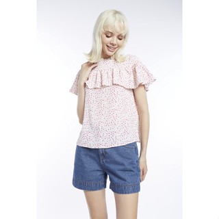 EP เสื้อเบลาส์แต่งระบายลายหัวใจ ผู้หญิง สีชมพู | Heart Print Ruffle Blouse | 0827