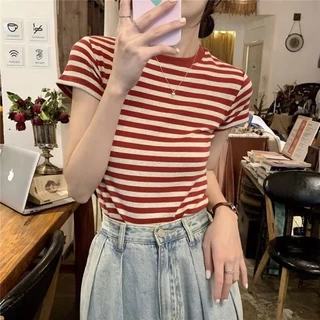 เสื้อยืด แขนสั้น ผ้าฝ้าย ลายทาง เรียบง่าย สไตล์เกาหลี สําหรับผู้หญิง