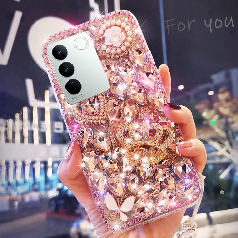 เคส Case vivo V29 V27 5G V27E V25 Pro 25e V23 5G V23e V23 Pro V21 5G 4G V20 Pro โทรศัพท์มือถือ ประดับมุก พลอยเทียม ระยิบระยับ ลายมงกุฎราชินี 3D สําหรับ