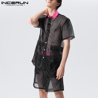 Incerun ชุดเสื้อเชิ้ตแขนสั้น คอปก ผ้าชีฟอง สไตล์วินเทจ ลําลอง สีฮิต สําหรับผู้ชาย