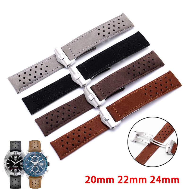 TAG HEUER 20 มม.22 มม.24 มม.สายนาฬิกาหนังแท้สําหรับ TAG HEUTER CARRERA Series นาฬิกาสร้อยข้อมือหนังลูกวัว Frosted นาฬิกาหัวเข็มขัดพับ