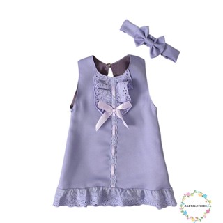 Babyclothes- ชุดเดรสทรงเอ แขนกุด คอกลม แต่งลูกไม้ โบว์ + ที่คาดผม แฟชั่นฤดูร้อน สําหรับเด็กผู้หญิง