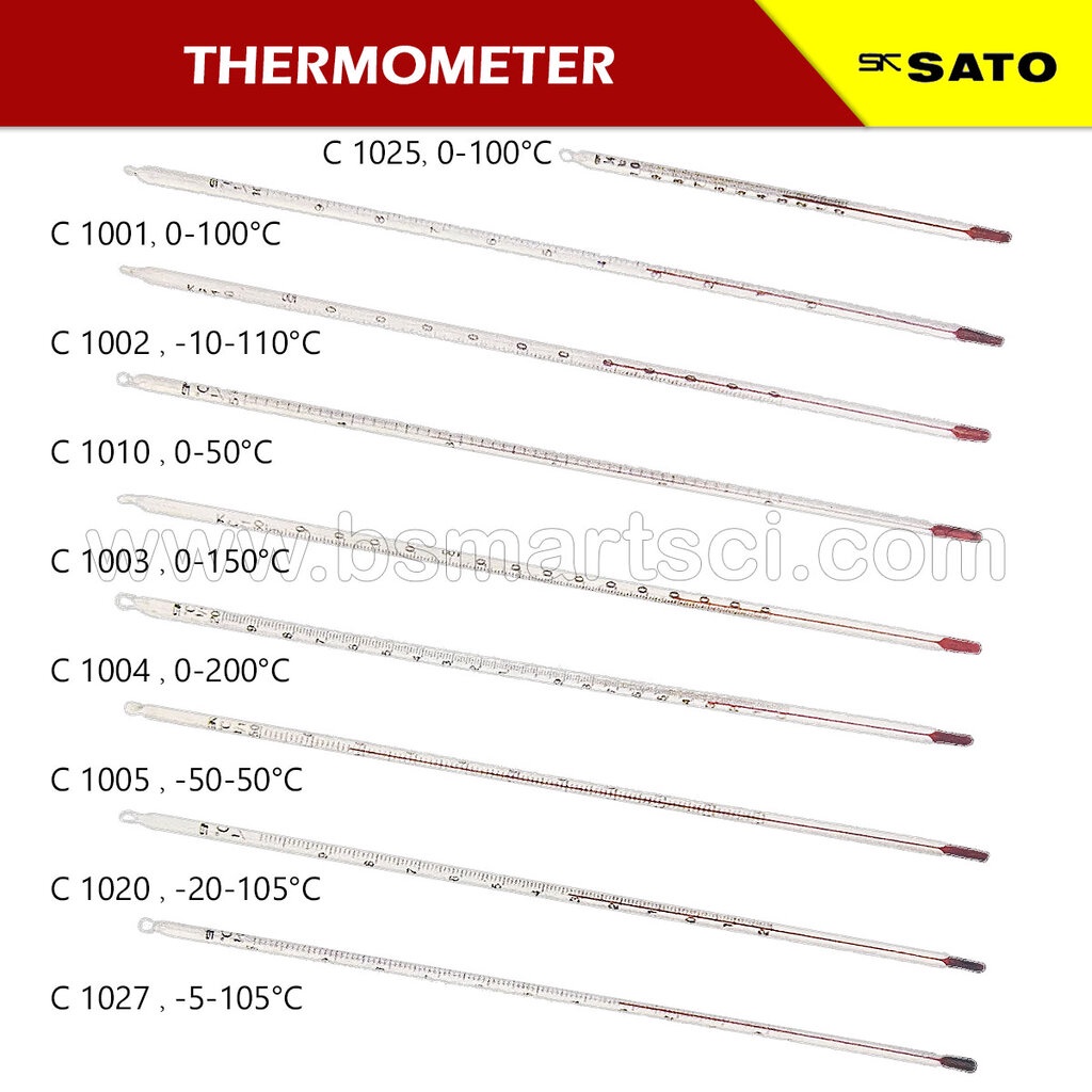 เทอร์โมมิเตอร์แบบแท่งแก้ว ไส้ปรอท Hg.Thermometer