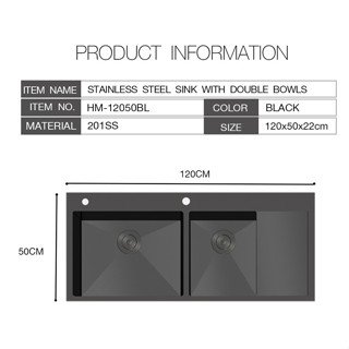 Ghouse Online-KOCH KITCHEN อ่างล้างจาน 2 หลุมมีที่พัก 50x120x22 ซม. HM-12050BL สีดำ สินค้าขายดี