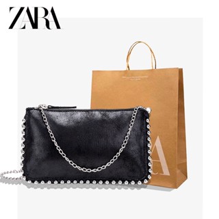 Zara กระเป๋าสะพายไหล่ สะพายข้าง ทรงสี่เหลี่ยม ขนาดเล็ก แต่งหมุด สีดํา แฟชั่นสําหรับสตรี