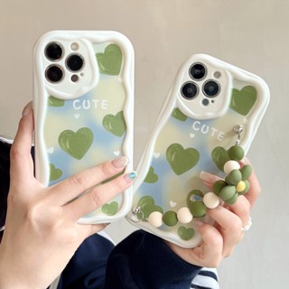 เคสโทรศัพท์มือถือแบบนิ่ม TPU กันกระแทก ลายดอกไม้ หัวใจ พร้อมสายคล้อง สีเขียว สําหรับ IPhone 14 13 12 11 Pro MAX 14 PLUS X XR XS MAX