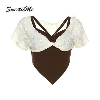 Sweeticme ใหม่ เสื้อยืดลําลอง คอวี เข้ารูป สองชิ้น สีตัดกัน แฟชั่นสําหรับสตรี 2023