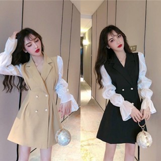 Eva Style🍒พร้อมส่ง✨ชุดเดรส ชุดเดรสแขนพัฟสตรีนางฟ้าเอวเซ็กซี่สลิมแขนยาวชุด กระโปรงสูทสั้นกระดุมสองแถว กระโปรงทรง V คอใหม่