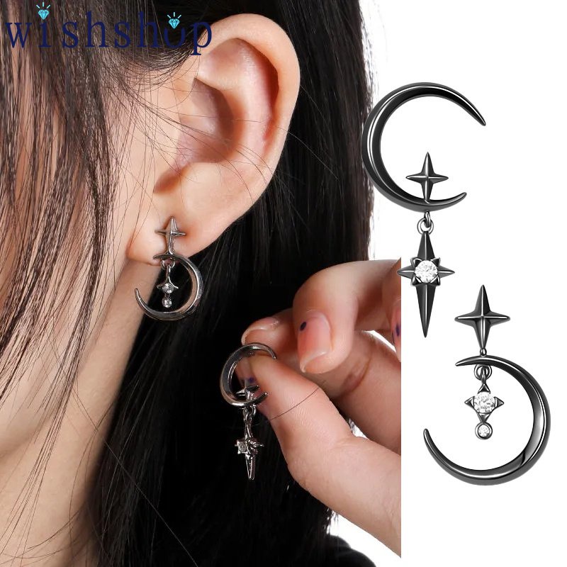 เครื่องประดับ ต่างหู จี้รูปดวงจันทร์ และดวงดาว ไม่สมมาตร สไตล์พังก์ เรียบง่าย สําหรับผู้หญิง ใส่ไปงานปาร์ตี้ งานแต่งงาน Y2k