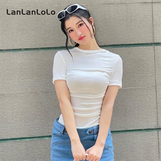 Lanlanlolo เสื้อยืดลําลอง คอกลม แขนสั้น ซีทรู เข้ารูป สีพื้น สําหรับสตรี 2023