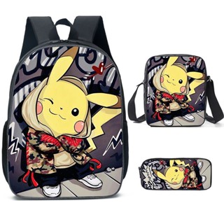 กระเป๋าเป้สะพายหลัง ลายการ์ตูนอนิเมะ Pikachu Mochila สําหรับเด็กประถม และมัธยมต้น 3 ชิ้น