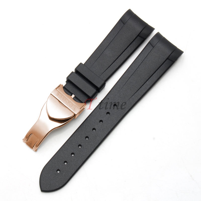 คุณภาพสูง Fluororubber สายนาฬิกาสําหรับ Tudor Black Bay 22 มม.Curve End สร ้ อยข ้ อมือซิลิโคนกันน ้ ําสายรัดนุ ่ มโลโก ้ พับหัวเข ็ มขัด Pin Buckle