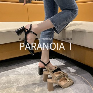 PARANOIA  I   รองเท้าส้นสูงสตรีฝรั่งเศสส้นบล็อกวินเทจหัวตาราง Mary Jane รองเท้าส้นสูงสตรีแพลทฟอร์ม