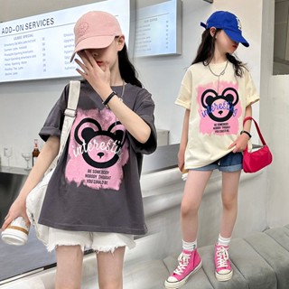 พร้อมส่ง เสื้อยืดแขนสั้น ผ้าฝ้ายแท้ ทรงหลวม พิมพ์ลาย ขนาดใหญ่ กลาง แฟชั่นฤดูร้อน สําหรับเด็กผู้หญิง