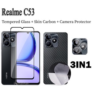 3 in 1 ฟิล์มกระจกนิรภัยกันรอยหน้าจอ และเลนส์กล้อง และฟิล์มด้านหลัง สําหรับ Realme C53 C55 C35 C25 C33 C30 C31 10 GT Neo 3T 2T Narzo 50 5G