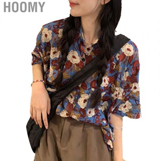 Hoomy Short Sleeve Shirt  Floral Print Shirt Loose Pocket Button Up Turn Down Collar Elegant  for Women for Office Work