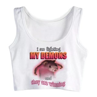 เสื้อครอปท็อป ลายกราฟฟิค Im fighting demons สไตล์วินเทจ สําหรับผู้หญิง yk2