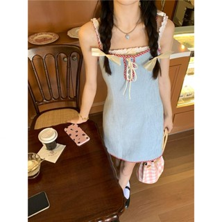 ♥ใหม่ พร้อมส่ง! ชุดเดรสกระโปรง แบบบาง แต่งลูกไม้ สีตัดกัน แฟชั่นฤดูร้อน สําหรับสตรี