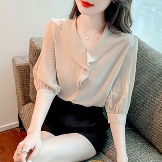 Ruffled V-neck chiffon shirt womens short sleeve 2023 summer new fashion shirt western style T-shirt fashionable top