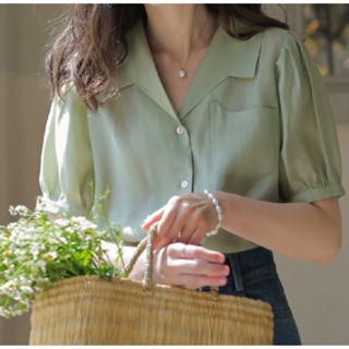 ใหม่ เสื้อเชิ้ตแขนพัฟ คอปก ปีเตอร์แพน สีเขียวอ่อน สไตล์เกาหลีเรโทร