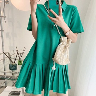 Fat MM oversized 300jin Korean version polo collar short-sleeved dress girls summer loose small fresh student pleated skirt 2