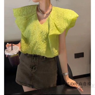 [Peach Preferred] ใหม่ เสื้อเชิ้ต คอวี แขนพอง สีพื้น สไตล์เกาหลี แฟชั่นฤดูร้อน สําหรับผู้หญิง 2023