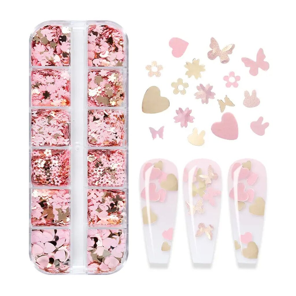 ( กากเพชร สีพิ้งโกลด์ ผสมชมพู คละแบบ ) กากเพชรติดเล็บ แต่งเล็บ ทรงหัวใจ ผีเสื้อ ดอกไม้ กระต่าย เงาวาว เล่นแสง / อุปกร...